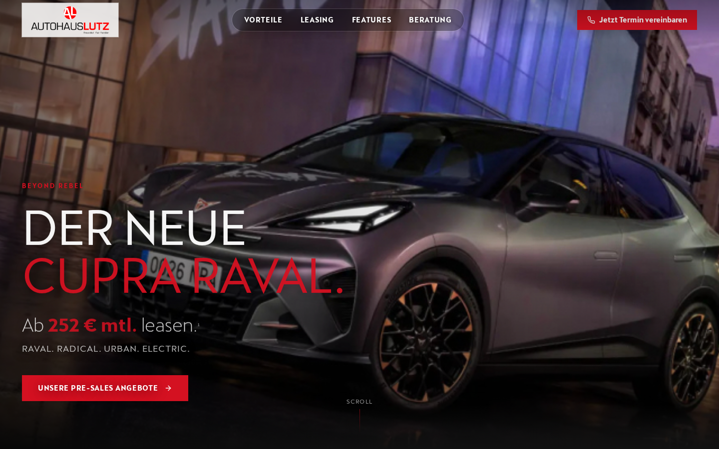 Screenshot der Landingpage für den neuen Cupra Raval bei Autohaus Lutz